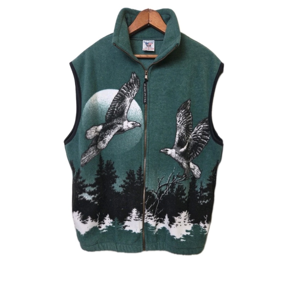VTG Nature Lodge Eagle Trees‎ Zip Fleece Vest Pockets Polar Graphics USA Men L